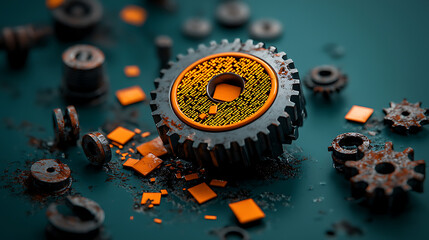 Poster - Digital decay of code fragmentation on rusty gear mechanisms in industrial environment macro view concept of chana.Bb