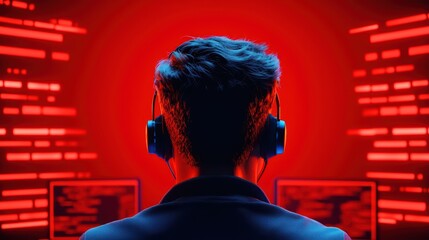 Poster - Person Wearing Headphones in Front of Computer with Red Background