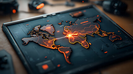 Poster - Dynamic electric energy display highlighting key zones on global map interactive digital art modern office environment aerial view high-tech concept