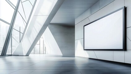 Poster - Modern Minimalist Gallery Space with Bright Natural Light and Large Blank Screen Display on Wall