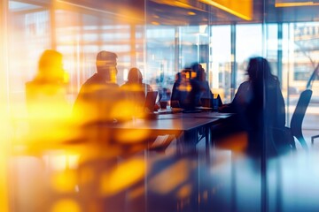 Poster - Group of professionals in a modern office engaged in a meeting with reflections and soft lighting creating an abstract atmosphere of collaboration