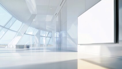 Poster - Bright and Modern Conference Room with Large Windows and Minimalist Design Featuring a Blank Presentation Screen