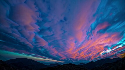 Poster - A surreal sunset backdrop merging vibrant neons with delicate watercolors, where mountains dissolve into abstract clouds, evoking a peaceful yet modern atmosphere.