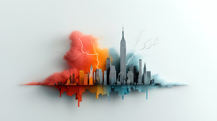 Poster - Electrifying lightning bolts over city skyline urban landscape digital art vibrant colors aerial view energy and power concept