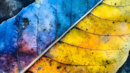 Canvas Print - Abstract Autumn Leaf Texture,  Blue, Yellow, and Purple Hues