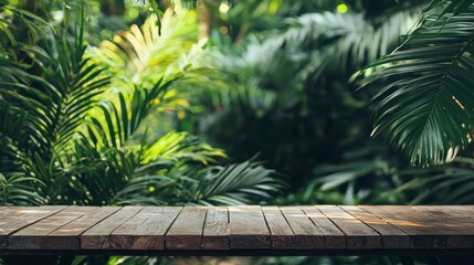 Poster - A rustic wooden table stands gracefully amidst lush tropical greenery, bathed in warm sunlight. The vibrant leaves create a serene backdrop, inviting relaxation and harmony