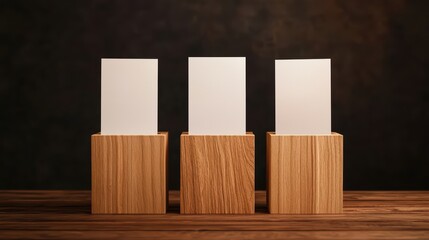 Poster - Minimalist Display of Blank Cards on Wooden Stands for Presentation