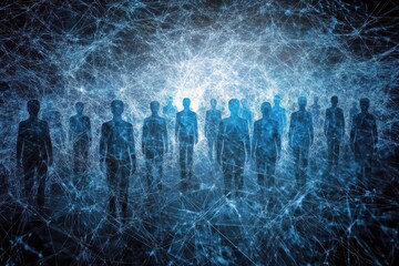 Poster - Abstract representation of digital human figures in a connected web of blue light, symbolizing technology, communication, and artificial intelligence in modern society
