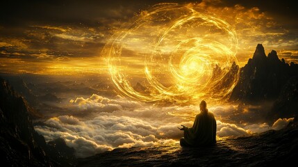 Poster - Celestial sage channels qi into golden sky mountain summit fantasy artwork ethereal environment mystical viewpoint