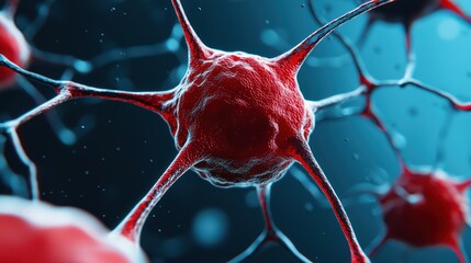 Poster - Intricate Neuron Structure in Bright Red Color on Dark Background