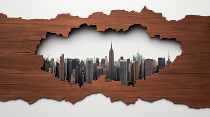 Poster - Urban Skyline Behind Texture Walls Wood Sheet with Cracked Design