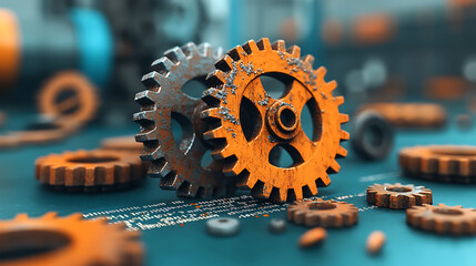 Poster - Rusty gears and lines of obsidian in a mechanical workshop setting close-up perspective industrial aesthetic steampunk concept