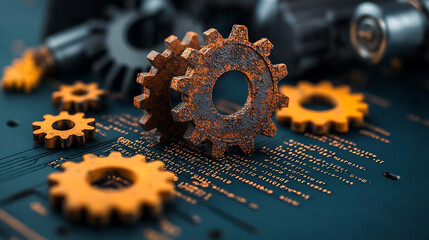 Poster - Rusty gears and obsidian lines industrial workshop product photography dark environment close-up view mechanical artistry