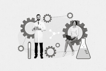 Poster - Creative abstract collage template graphics image of pharmacist secretary creating new medicine isolated drawing background