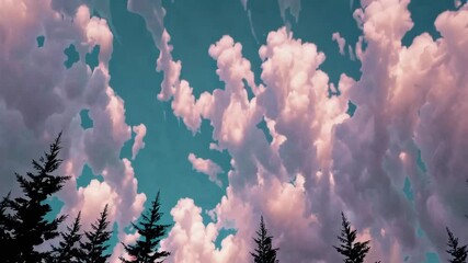 Poster - A stylized forest edge in monochrome silhouette layered beneath bright abstract cloud forms, incorporating pops of turquoise and blush pink for a surreal, uplifting mood.
