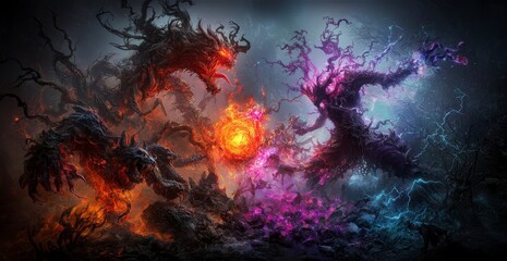 Poster - Celestial warrior battles demons in alternate dimension epic fantasy scene dark environment dynamic perspective