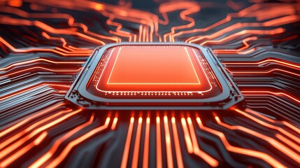 Poster - Futuristic Microprocessor with Neon Circuit Board Background
