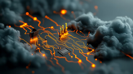  - Glowing circuit lines forming complex patterns in a futuristic tech landscape digital art dark environment aerial view abstract concept