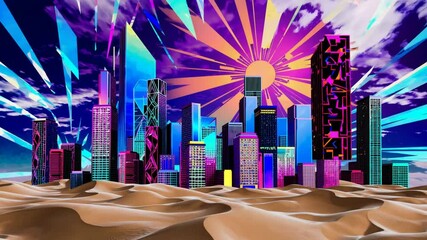 Poster - A layered cityscape rising above a calm desert, juxtaposed with oversaturated skies and bold cutouts, creating a striking pop-art feel.