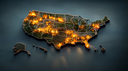 Poster - Illuminated regional distribution map of the united states data visualization geographic insights modern design aerial view conceptual analysis
