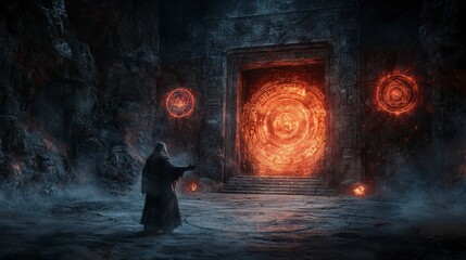 Poster - Celestial warrior confronts ancient gateway enigmatic realm digital art mystical environment dramatic angle fantasy concept