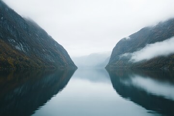 Aufkleber - Serene fjord surrounded by misty mountains reflecting in calm water during a cloudy day. Generative AI