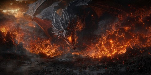 Poster - Epic battle of a celestial warrior in dragon armor against a fiery beast fantasy realm digital art dramatic atmosphere