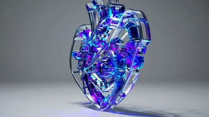 Poster - An abstract digital heart constructed from overlapping transparent layers of circuitry in vivid blues and purples, floating in a clean white space.