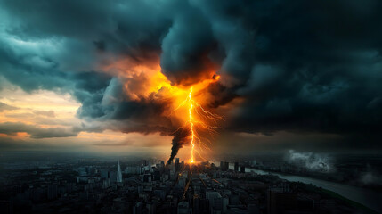 Poster - Lightning strikes dramatic skyline urban landscape natural phenomenon ominous atmosphere aerial view high voltage energy paths