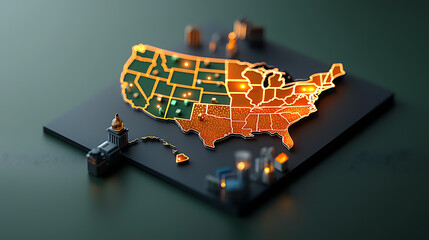 Poster - Illuminated map of the us showcasing city highlights digital art modern environment aerial view light display concept