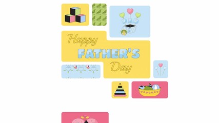 Poster - Happy father day bento grid animation. Fatherhood childhood. Third Sunday June. Diverse daughter dad son collage motion 4K video web design. Animated cartoon characters collection mood board