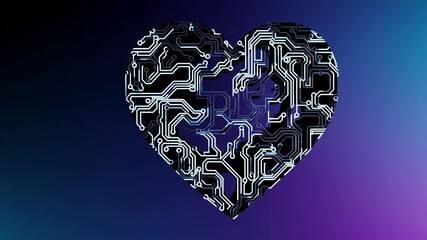 Poster - A mosaic of circuit-like shapes forming a stylized heart silhouette against a gradient background, exuding a modern, innovative vibe.