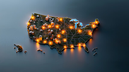 Poster - Illuminated us map with vibrant light clusters showcasing major cities urban environment digital visualization night view data representation