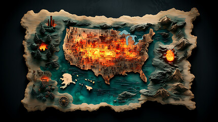 Poster - Illuminated us map showcasing key regions and features educational visualization digital art dark environment aerial view geographical insights