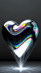 Poster - A fluid metallic heart shape with holographic reflections, connected to thin laser lines resembling data streams, set against a minimalist space.
