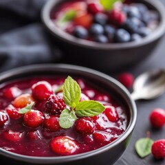 Poster - Delicious Berry Compote with Fresh Berries and Mint Garnish in Elegant Bowls, copy space for text
