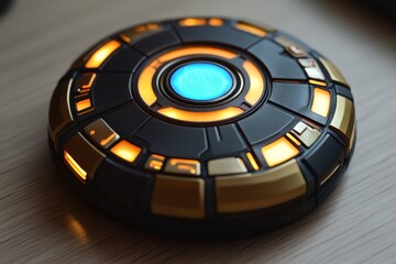 Poster - Unique futuristic gadget with glowing blue center on wooden surface during natural lighting