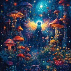 Fototapete - Ethereal being of light blue eyes and translucent wings drifts through a colorful mandala background filled with giant mushrooms and spiral trees radiating an otherworldly glow in a dreamy atmosphere