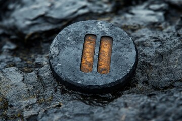 Poster - Circular metallic object embedded in rugged dark rock surface with golden interior shining beneath