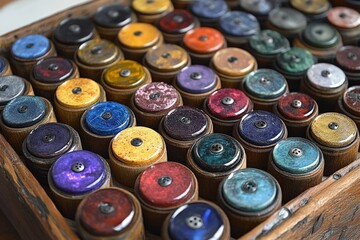 Aufkleber - Colorful vintage paint containers arranged in a wooden box on a tabletop, showcasing various hues and shades