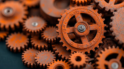 Poster - Intricate design of rusted gears industrial setting macro photography textured background close-up view mechanical aesthetics for art enthusiasts