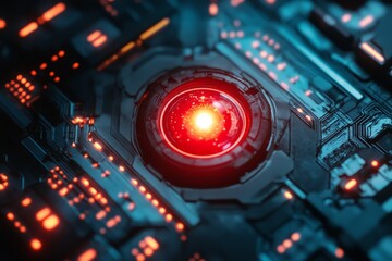 Aufkleber - Red glowing core surrounded by intricate circuit patterns enhances futuristic technology aesthetic in close-up view