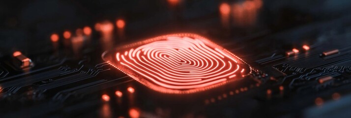 Poster - Futuristic Tech Aesthetic LED Circuit Board with Biometric Fingerprint and Digital Lock - Cutting-Edge Identity Management and Secure Access Control Systems