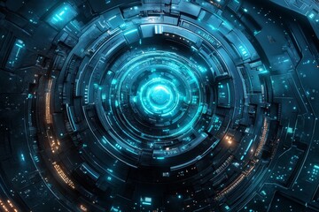 Aufkleber - Futuristic technological design showcasing an intricate circular pattern with glowing blue and orange lights