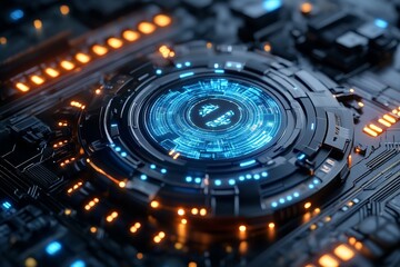 Fototapete - Digital circuit board with glowing blue and orange components showcasing advanced technology and intricate design