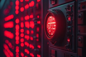 Leinwandbilder - Red illuminated control panel displays intricate details of technology at a data center in the late evening