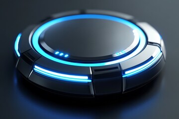 Poster - High-tech circular device with blue lights on a dark surface showcasing modern design elements and possible functionality