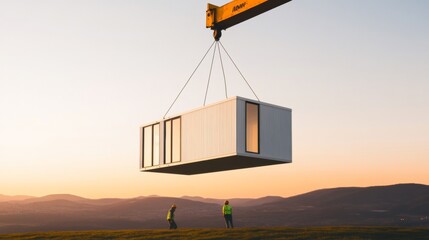 Leinwandbilder - Modular Sunrise Installation Sleek Minimalist Home with Sustainable Steel Design - Residential Development and Innovative Construction Solutions for Eco-Conscious Markets