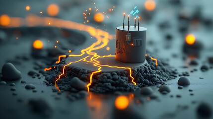 Poster - Dynamic digital energy lightning bolts empowering a tech hub futuristic landscape 3d render creative visualization conceptual art