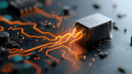 Poster - Dynamic energy flow in circuit boards technology lab digital art electric environment close-up view lightning-inspired concept